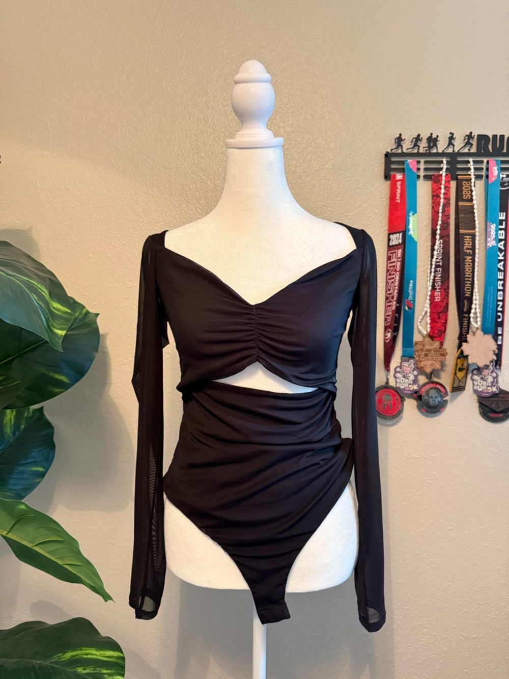 AFRM Black Long-Sleeve Cutout Ruched Bodysuit